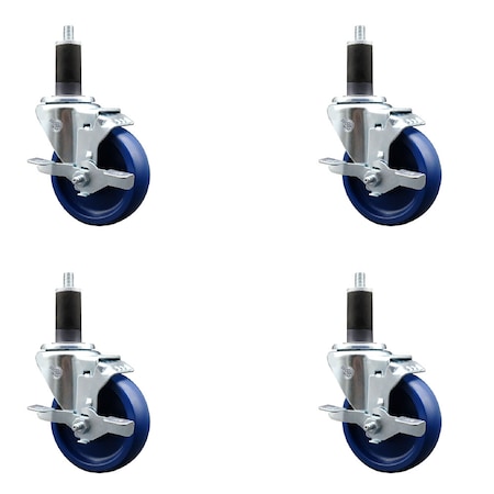 Service Caster 4'' SS Solid Poly Swivel 1-1/4'' Expanding Stem Caster Set with Brake, 4PK SCC-SSEX20S414-SPUS-TLB-114-4